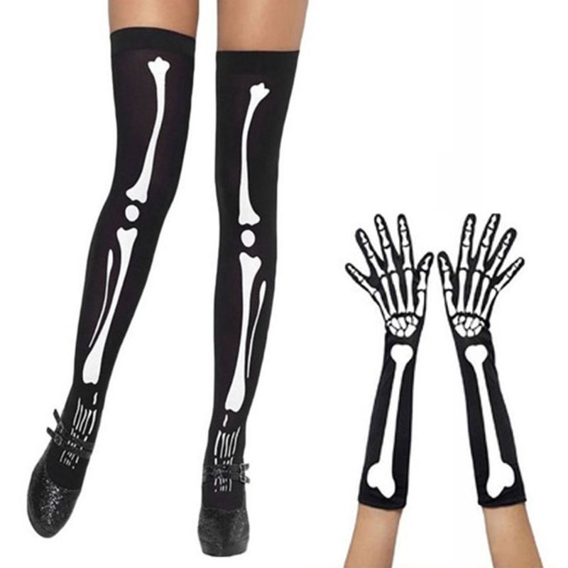 Womens Halloween Cosplay Skull Skeleton Bone Gloves Thigh High Stockings