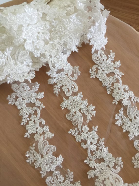 5 Yards Dünne Perle Perlen Spitze Trim in Elfenbein, Braut Schleier Riemen für Hochzeit Schärpe,