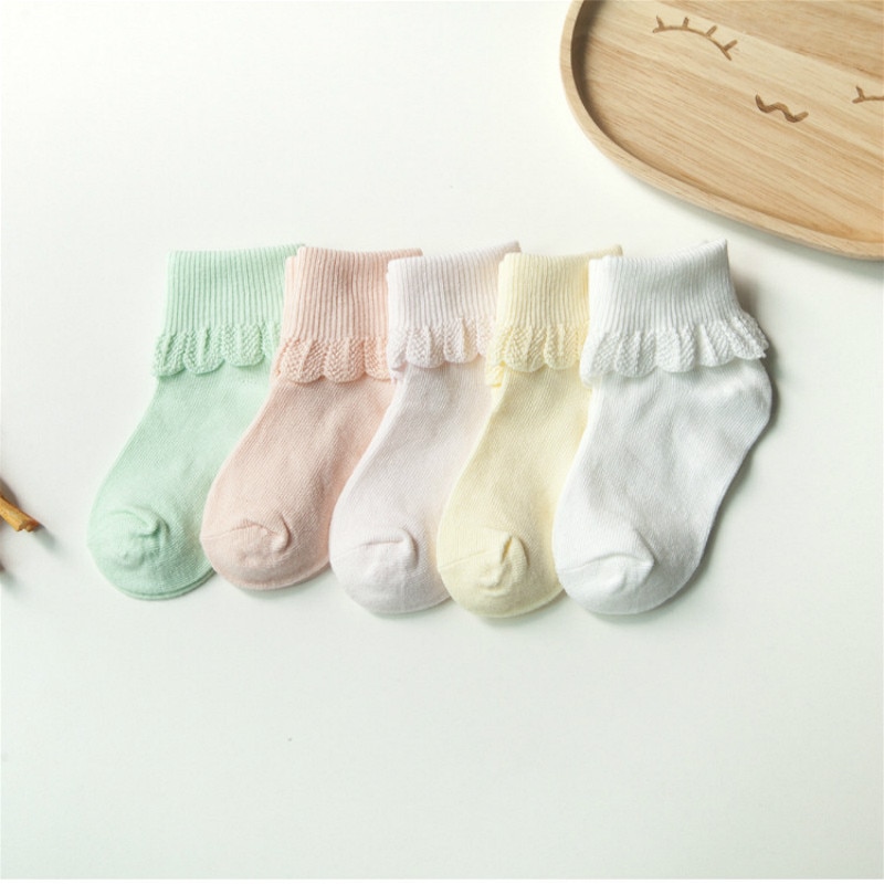 1 Lot=5 Pairs Princess Lace Socks Girls Cute Baby Socks Cotton Kids Vintage Lace Ruffle Frilly Ankle Socks Newborn Pure Color