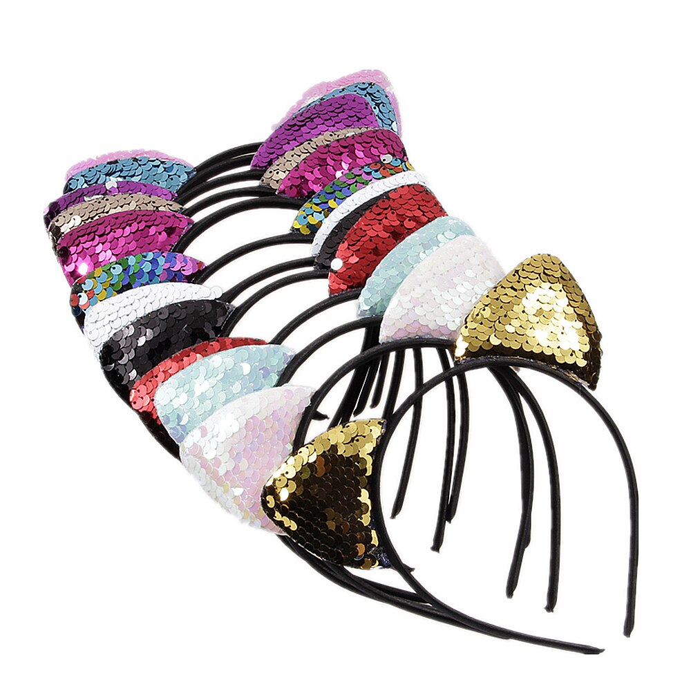 12pcs/lot Glitter Flip Sequins Cat Ear Girl Hair Band Hair Hoop Baby Kids Women Cat Ear Hair Bands Festival Headdress Gifts