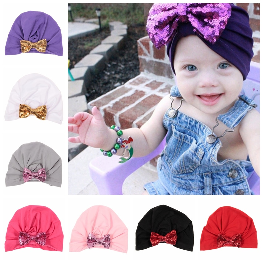 Cute Baby Girls Bows Turban Hat Sequin Bow Cotton Blend Kids Caps Beanie Top Knot Toddler Headwear Birthday Christmas Gift
