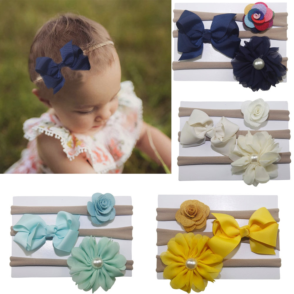 Cute 3pcs/lot Kids Elastic Floral Headband Pearl Button Girls Baby Bowknot Elastic Bands Hairband Set Girls Hair Accessories