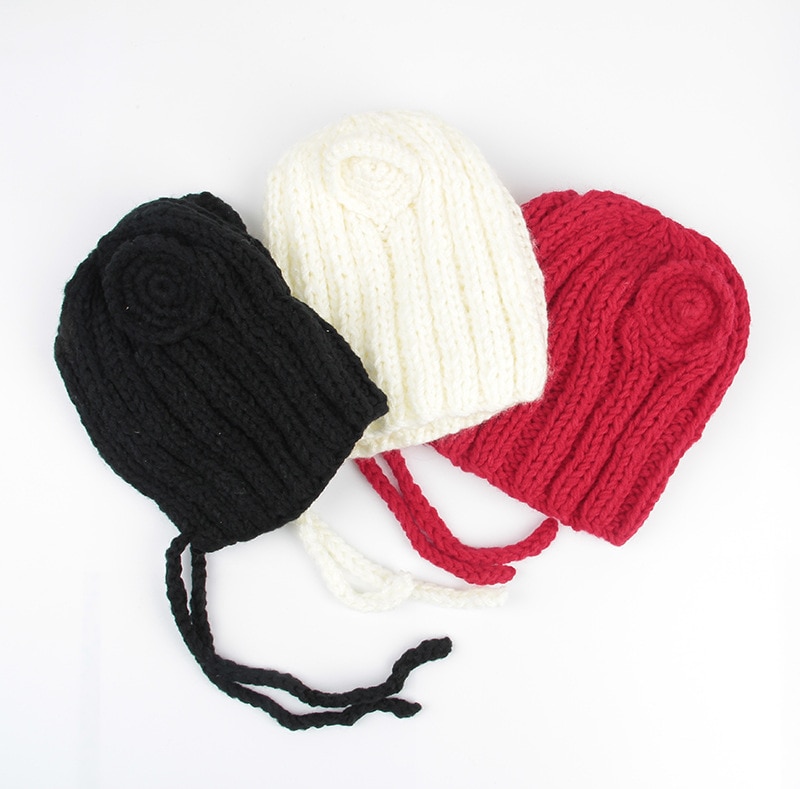 Yundfly Knitted Winter Baby Hat with Ears Cartoon Lace-up Children Kids Baby Bonnet Cap for Photo Props