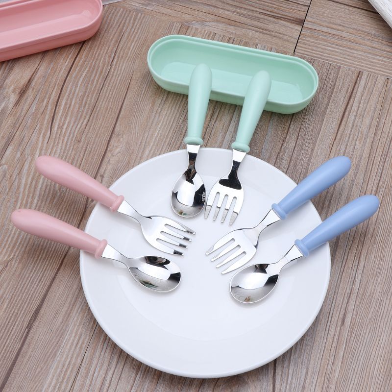 2pcs/lot Baby Feeding Spoon Fork Set Stainless Steel Toddler Flatware Kids Infant Tableware