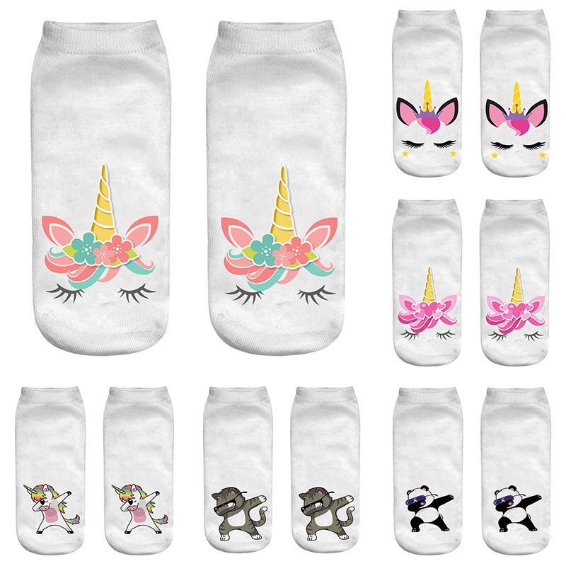 3D Printed Women Short Socks Funny Creative Unicorn Cute Cartoon Pattern Unisex Sports Breathable Cotton Low Ankle Soft Socks