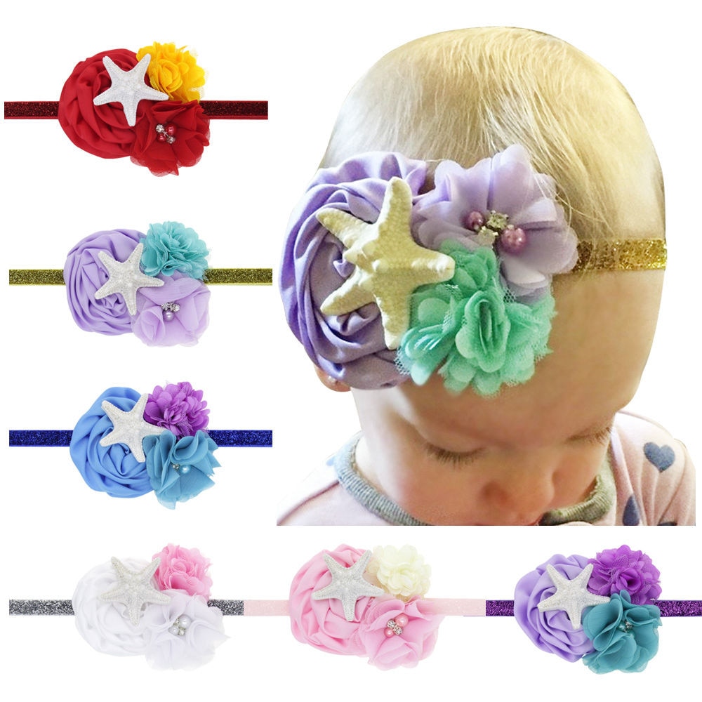 Mermaid sea shell flower elastic headband starfish headband Newborn toddler flower headband under the sea photo prop HB340S