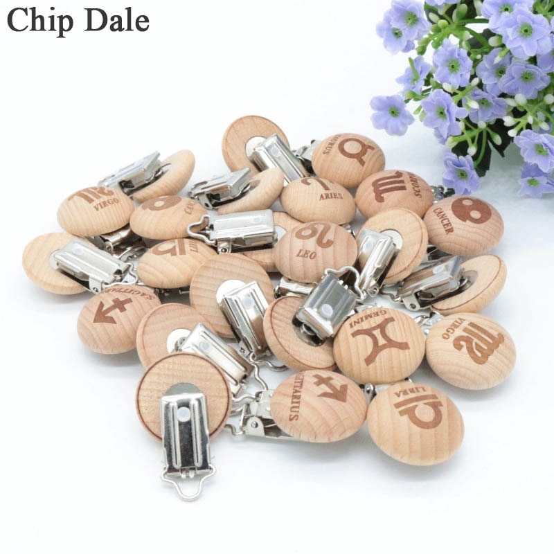 1Pcs 12 Twelve Constellations Baby Pacifier Clip Beech Wood Dummy Clip Holder BPA Free Safe DIY Pacifier Accessories