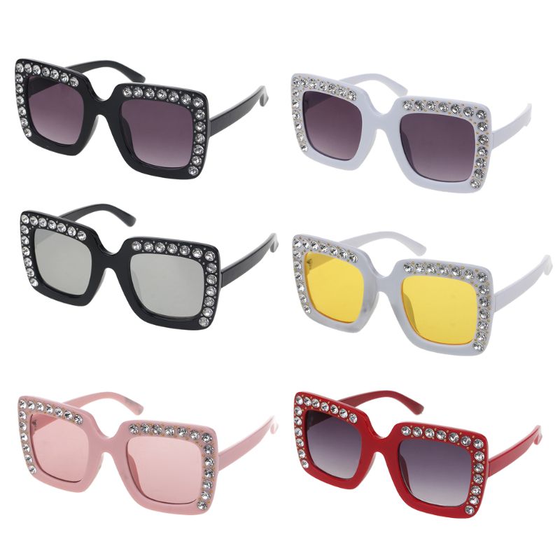 D7YD Kids Glamorous Faux for Rhinestone Square Sunglasses Fashion Kids Retro Thick Frame Glasses Sparkling Sunglasses Party