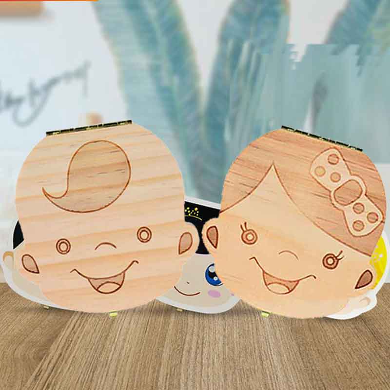 Tooth Box Portugal/Turkish/Dutch/Greece/English text Organizer Milk Teeth Wood Storage Baby Teeth Box for Boy Girl Save Teeth