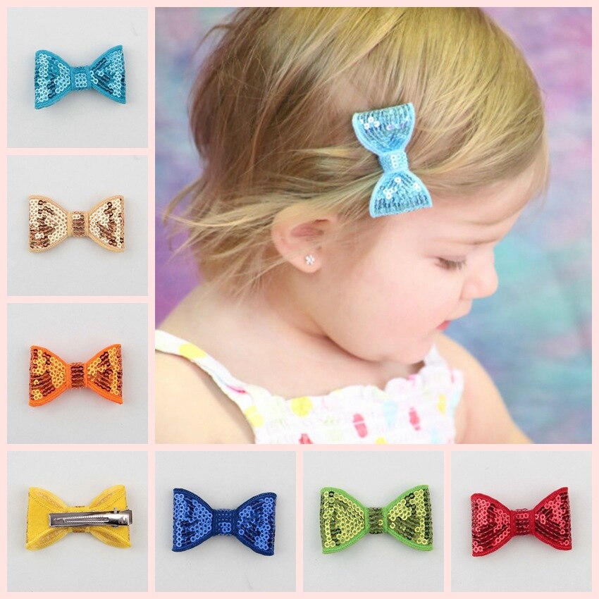 Yundfly 10pcs/lot Baby Girls 2" Embroidery Sequin Bows Clips Knot Applique Sequin Bows Hairpins Boutique Child Hair Accesso
