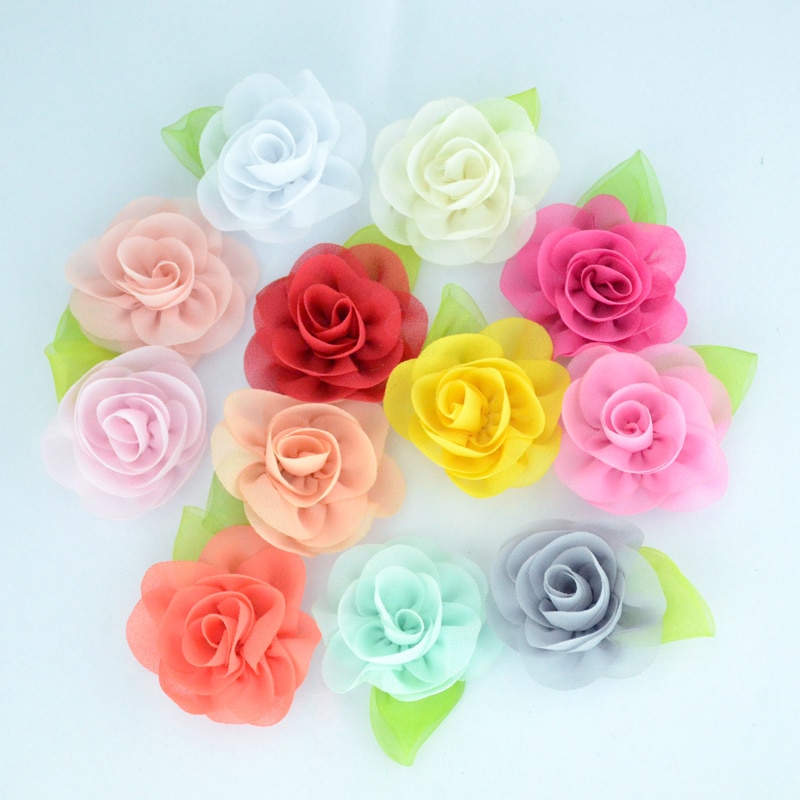 Yundfly 10pcs Chic Chiffon Flower with Green Leaf Handmade Artifical Fabric Flowers DIY Newborn Headband Accessories