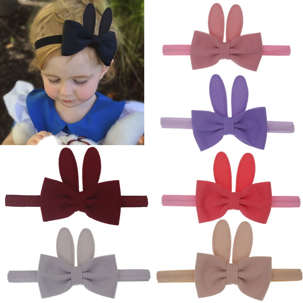 Yundfly Baby Girls Rabbit Ear Bowknot Elastic Hairband Photography Props Bow Headband Children Fashion Solid Headwear