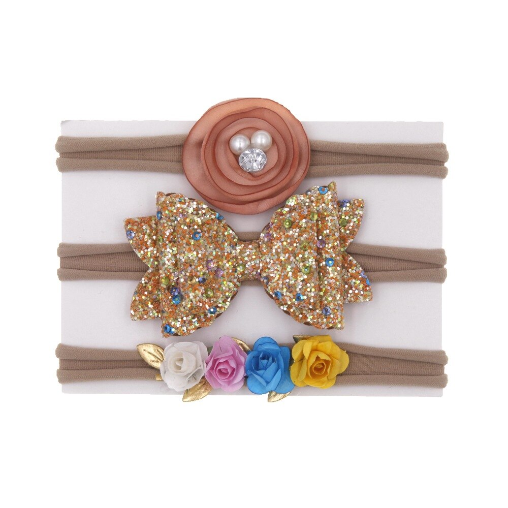 New 3pcs/lot Sequin Bow Rose Flower Nylon Headband Newborn Photography Props Baby Girls Elastic Headwear Set Birthday Gift