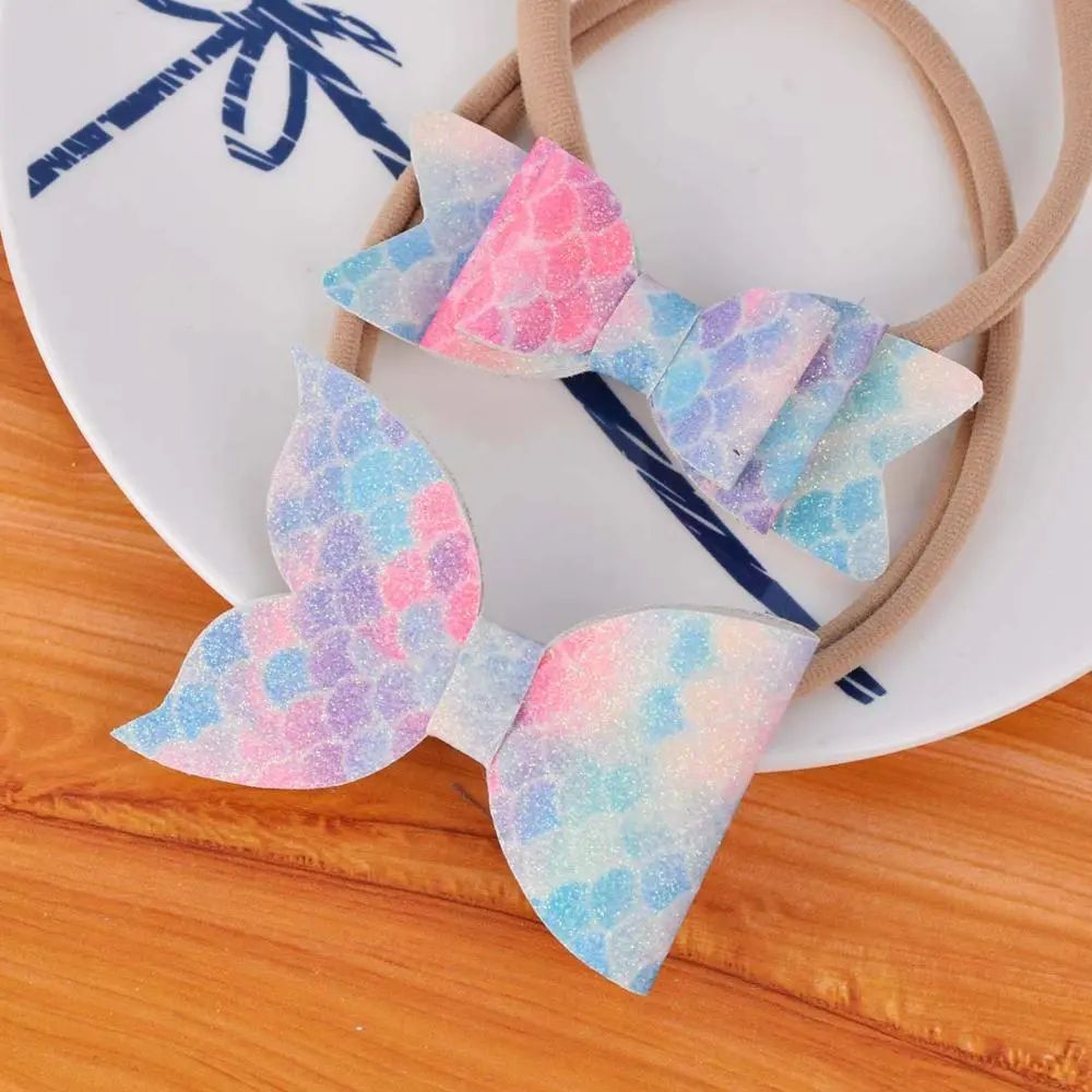 Baby Girl Hair Bow Headband Set Stretchy Nylon Headbands for Girls Leather Pu Hair Bows Headband Set Kids Hair Accessories