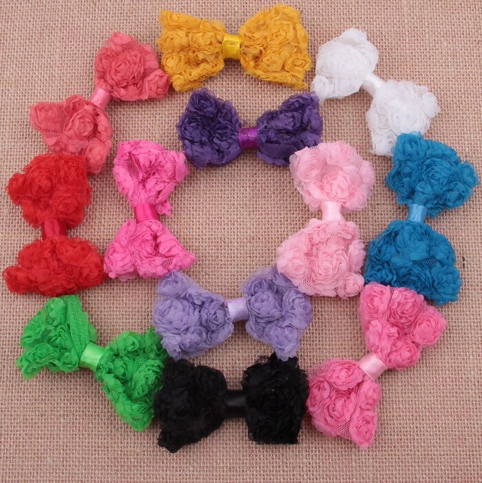 Yundfly 5pcs 3.2" Mesh Tulle Fabric Rosset Bow For Headwear Chiffion Rose Flower Bows For DIY Kids Hair Clips Accessory