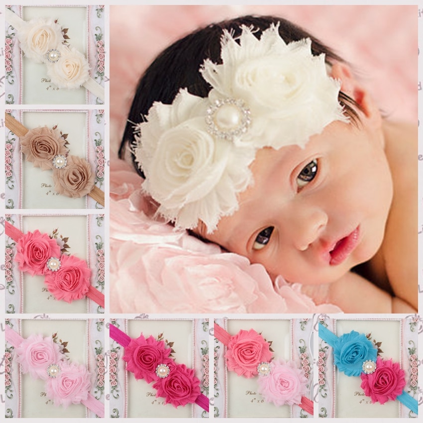 Yundfly Chic Shabby Chiffon Flower Newborn Headband Pearl Rhinestone Kids Headwear Photography Props