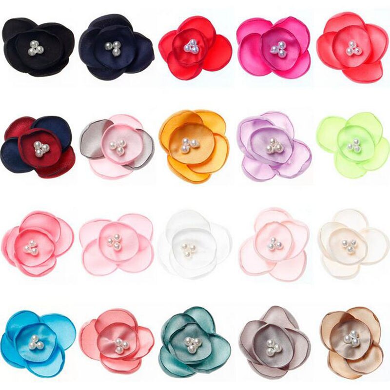 Yundfly 10pcs 2" Newborn Satin Petals Flower with Pearls DIY Fabric Hair Flowers For Baby Girls Hair Accessories Headbands