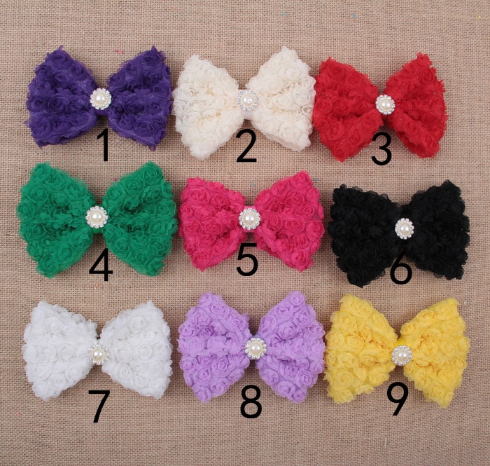 Yundfly 3pcs Big Lace Chiffon Rose Hair Bows With Pearl Rhinestone Center For Girls Women DIY Hair Accessories