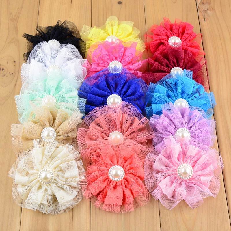 Yundfly 5pcs Lace Flower Accessories Shabby Shredded Flower With Acrylic Pearl Button For Baby Headbands diy hair accessories