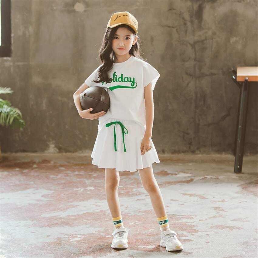 2-9 Years Big Girls Clothing Sets Summer Casual Letter Print Short Sleeve T-Shirt Skirt 2pcs Kids Clothes Tracksuit For Girl New