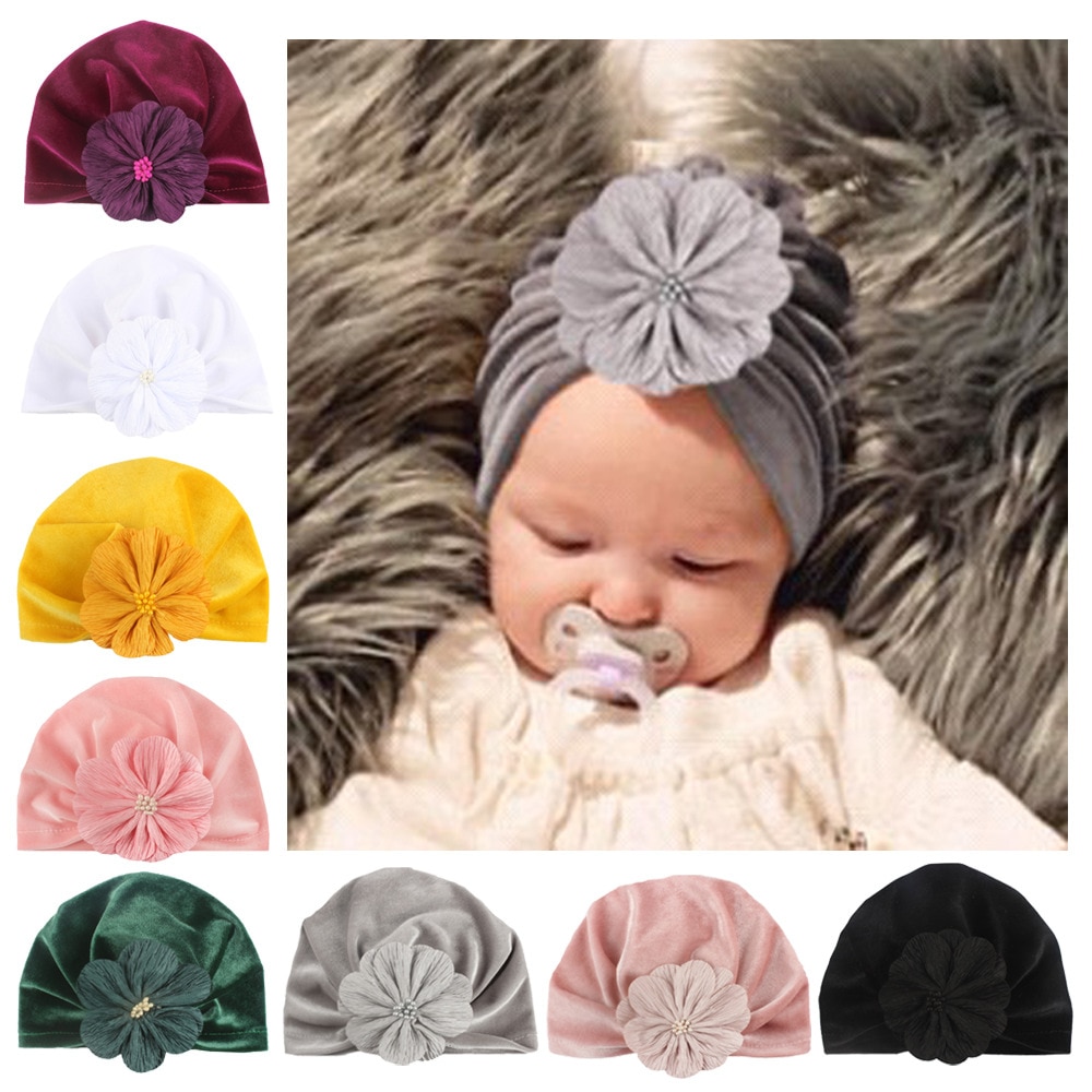 Yundfly Baby Turban Hat Gold Velvet Match Flower Newborn Beanie Kids Photo Props Baby Shower Gift Birthday Hat Headwear