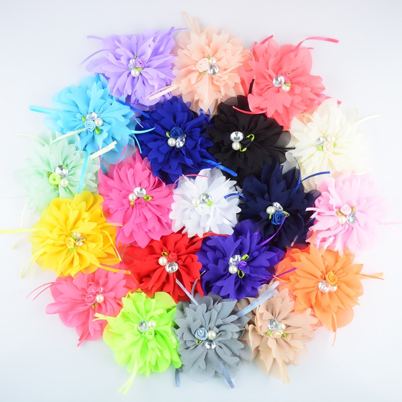 Yundfly 3pcs Artificial Hot Bowknot Chiffon Rolled Rosette Flower With Pearls Rhinestone Solid Fabric Flowers For Baby Headbands