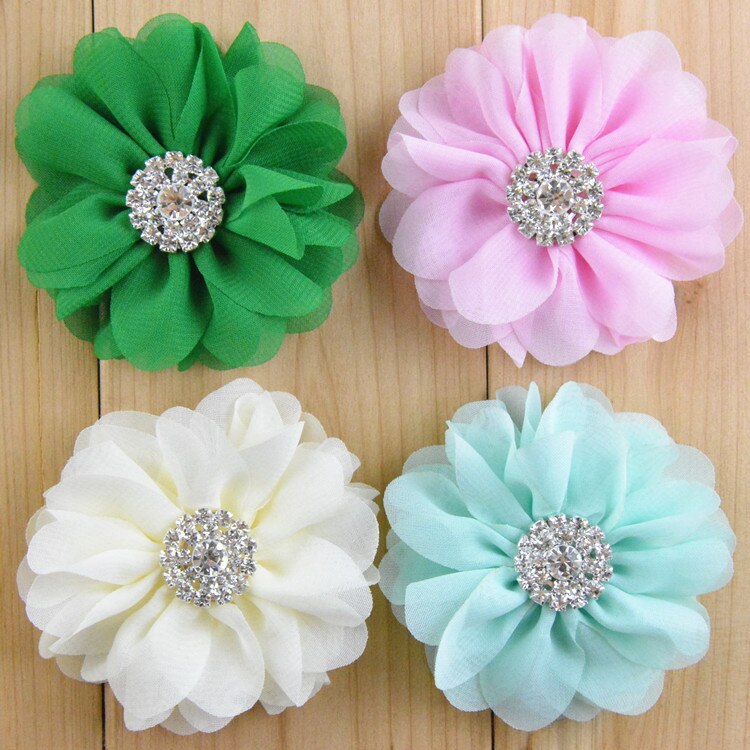 Yundfly 3pcs Chiffon Flower With Rhinestone Button For Children Infant Toddler Hair Accessories Fabric Chiffon Hair Flower