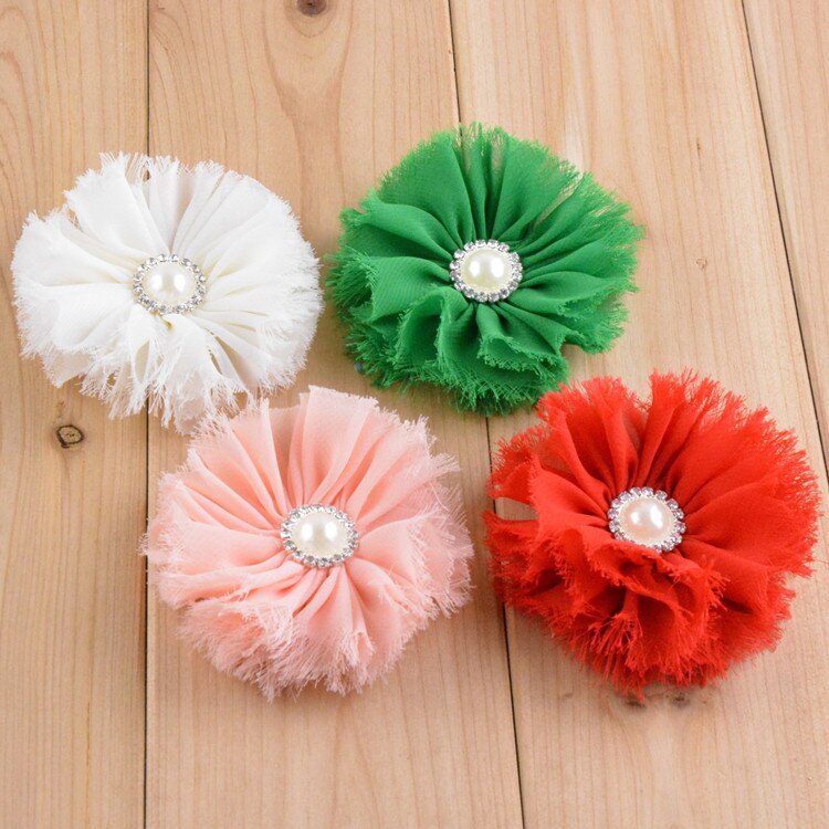 Yundfly 3pcs DIY Chiffon Flower With Pearl Rhinestone Button For Infant Toddler Hair Accessories Shabby Hair Flowers