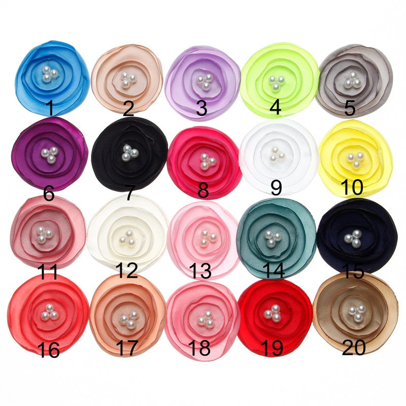 Yundfly 10pcs Chic Flatback Round Frayed Satin Flowers with Faux Pearl DIY Baby Girls Headband Kids Hair Accessories