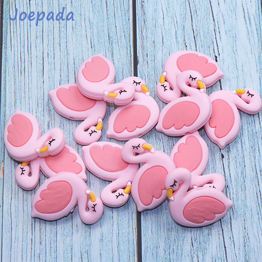 Joepada 50 Pieces Lovely Pink Swan Flamingo Shape Baby Teether Making Baby Teething Pacifier Chain Nursing Toy Silicone Beads