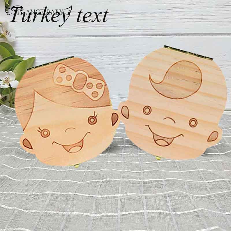 Turkey/ English/Dutch Baby Tooth Box Wooden Milk Teeth Organizer Storage Boys Girls Save Souvenir Case Gift Tooth Organizer