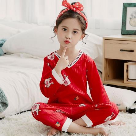 Home suit pajamas long-sleeved girls pajamas autumn and winter fashion V-neck children silk boy baby pajamas set