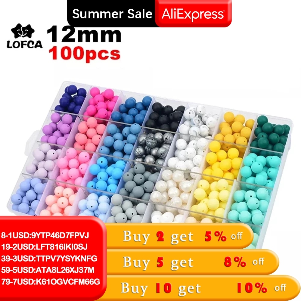 LOFCA 12mm 100pcs Silicone Beads Round Teether Baby Nursing Necklace Pacifier Clip Oral Care BPA Free Food Grade Colorful