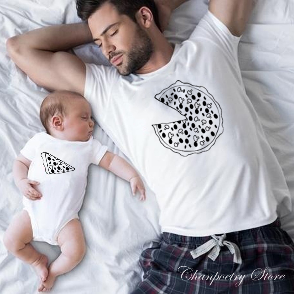 Funny Family Look Dad and Son Family Matching Clothes Pizza Print T-shirt for Daddy Mommy Kids Romper for Baby QT-1928
