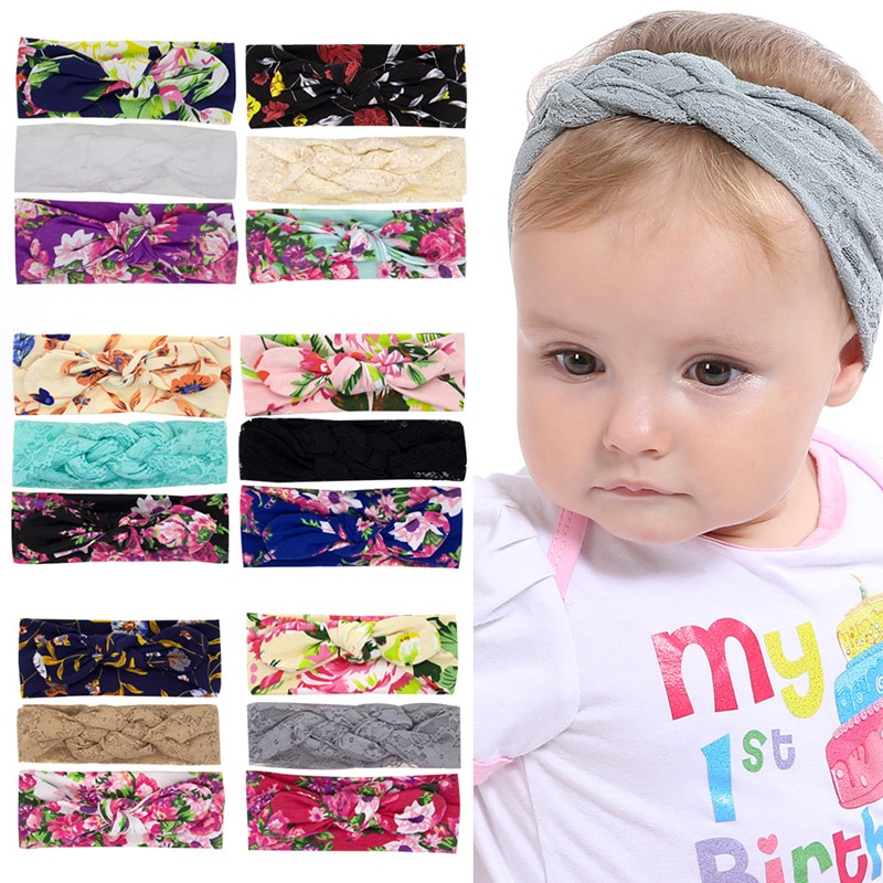 3 piece/set Cute Baby Print Headband Bow Girls Rabbit Ear Hairbands Lace Knot Kids Turbans Faixa Cabelo Para Bebe Hair Accessory