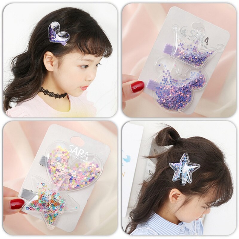 2pcs Baby Hair Pin Girls Cute Hair Clips With Heart Star Sequins Design Hair Pin Children Hairpin Princess Hair Accessories