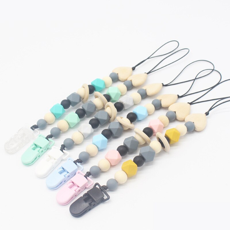 Silicone Teething 1pcs Baby Silicone+Wood Pacifier Clips DIY Funny Pacifier Chain For Infant Feeding Toddle Teething Chew Toys