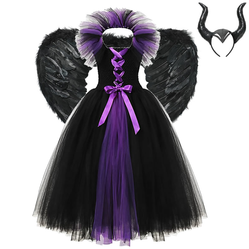 New Halloween Costume For Kids Fancy Tutu Dress For Girls Black Devil Halloween Costume Maleficent Gown Dress With Feather Shawl