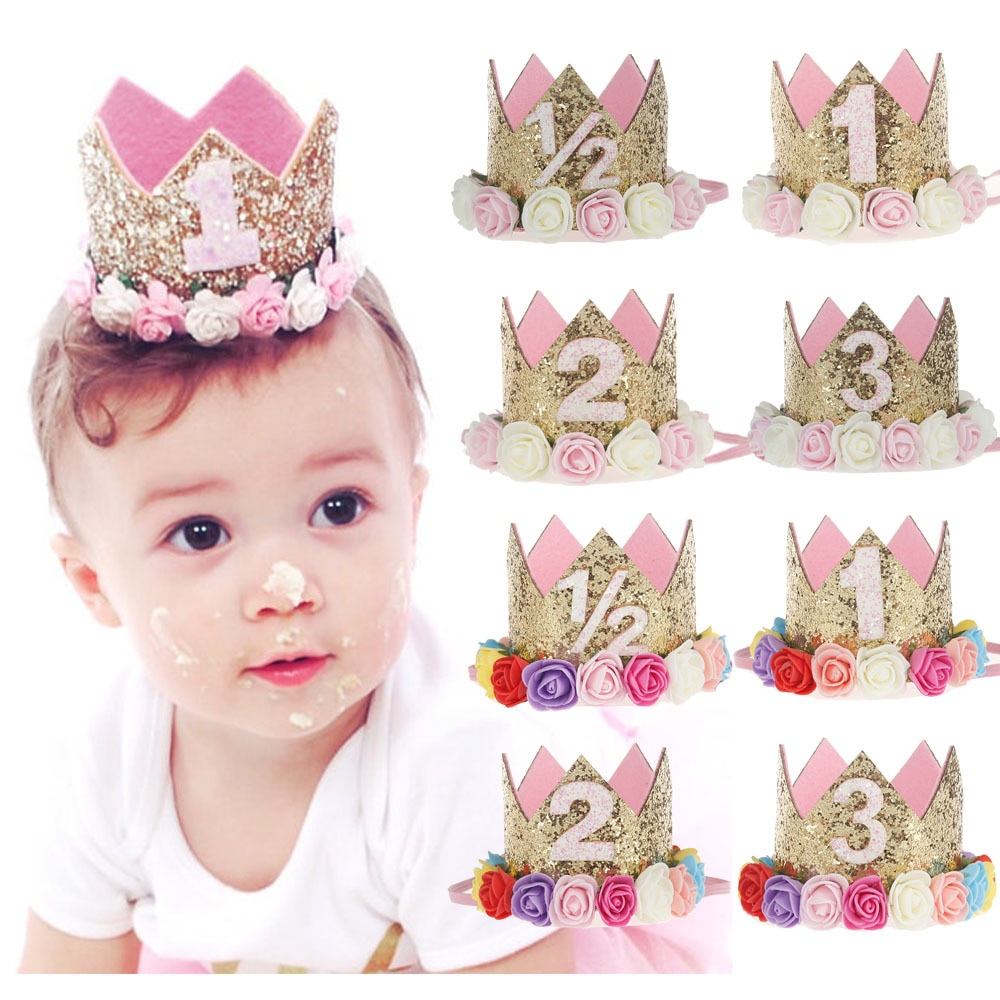 Cute Baby Girl Boy Headband Flower Crown Kids 1st Birthday Party Hair Accessories Glitter Tiaras Princess Girls Headwear