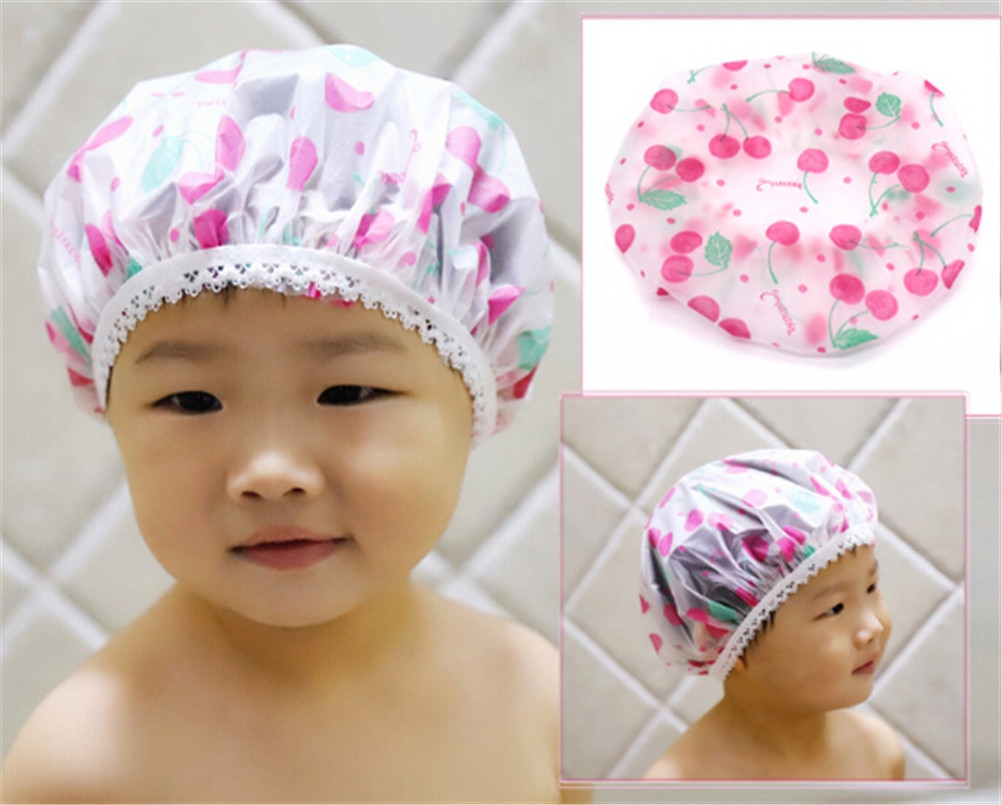 2 Pc Kids Children Shower Cap Waterproof Elastic Bath Hat Cleaning Hat Cute happy