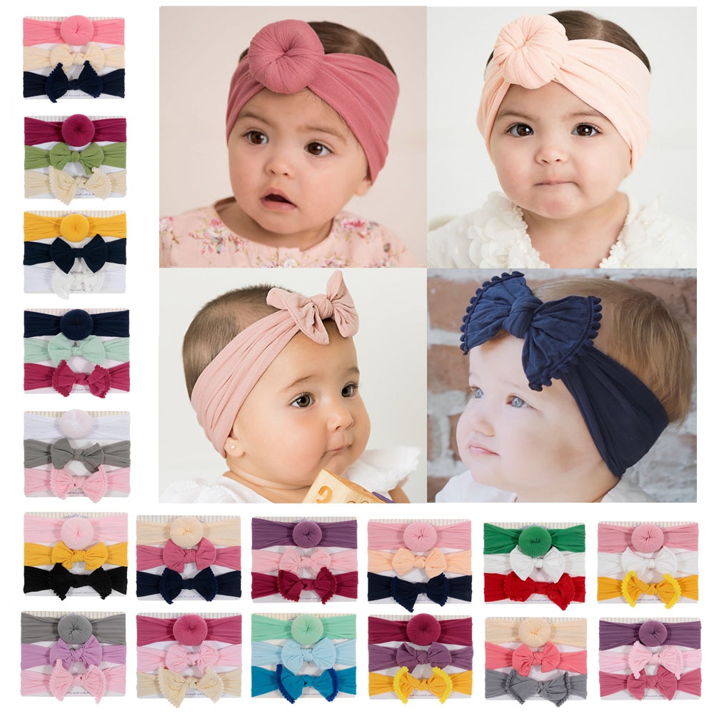 Yundfly New 3pcs/lot Baby Nylon Bow Headband Newborn Bowknot Round Ball Headwraps Girl Kids Hair Bands Cute Birthday Gifts