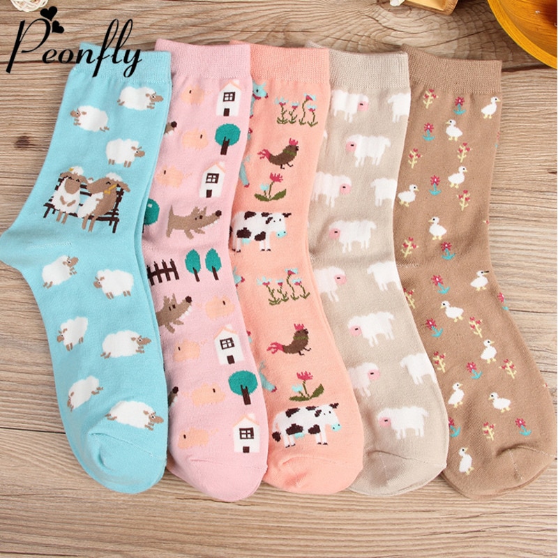 Peonfly Autumn Women Socks Cartoon Animal Cute Sheep Cow Socks for Girls Warm Cotton Sock for Ladies Christmas Gifts