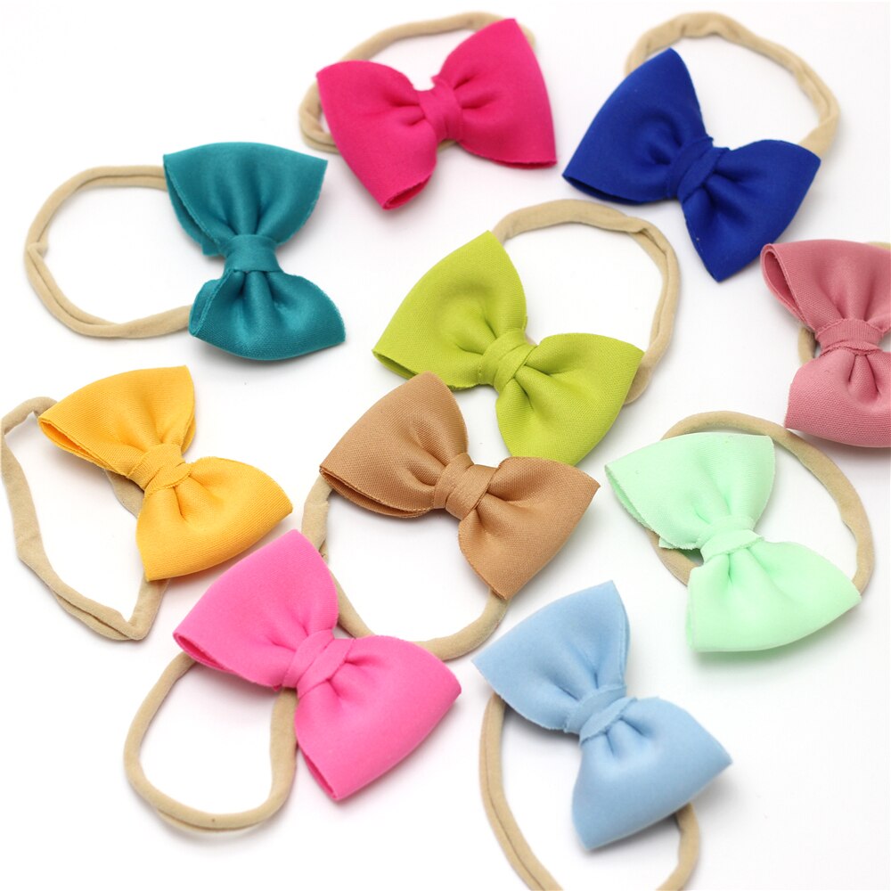 Fit All Baby Girls Small Hairbow with Nylon Nude Headband Space Cotton Scuba Infant Hairband Newborn Headwrap Bowknot Turban