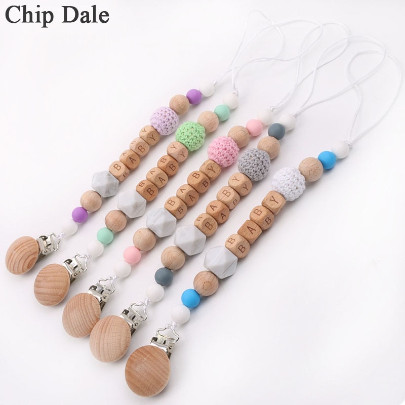 Chip Dale Custom Name Beech Wood Beads Pacifier Clips Dummy Chain Holder Safty Soother Chains Baby Teething Toy Baby Chew Gift