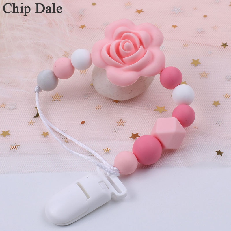 Chip Dale Baby Pacifier Clips Chain Silicone Rose Flower Pendant Newborn Baby Teething Nursing Dummy Clip Chain Baby Shower Gift