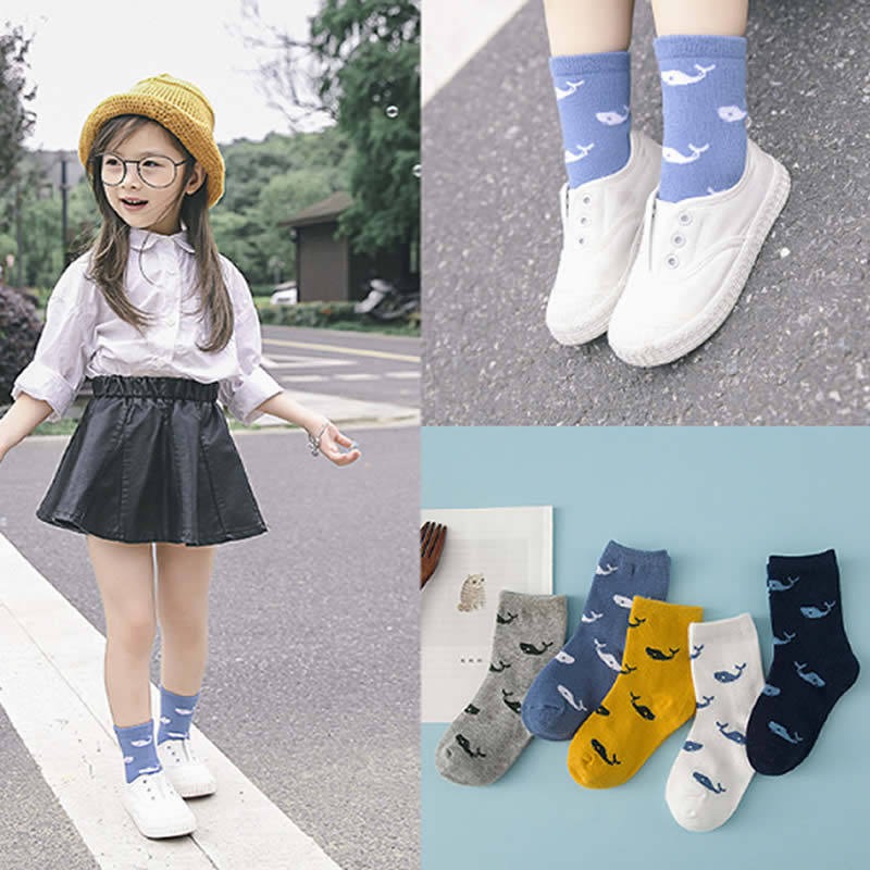 Autumn cute cartoon small whales cotton socks cuhk children's Ankle socks baby cut sweat animal print socks high quality 5p