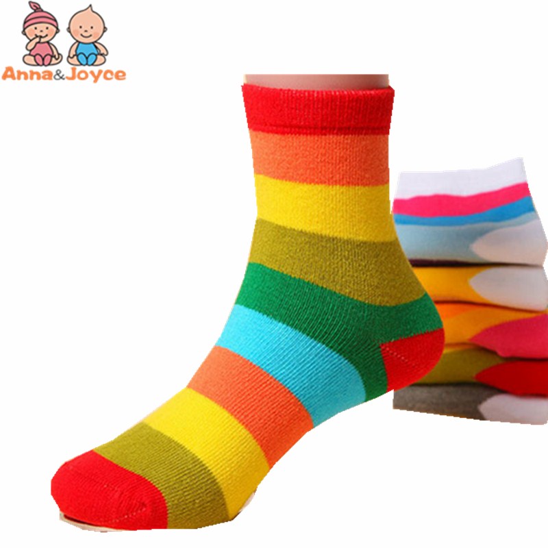 5pairs/Lot Children's Socks for Boys Girls Absorb Sweat Antibacterial Rainbow Striped Short Sock British Style Suit 1-12yea
