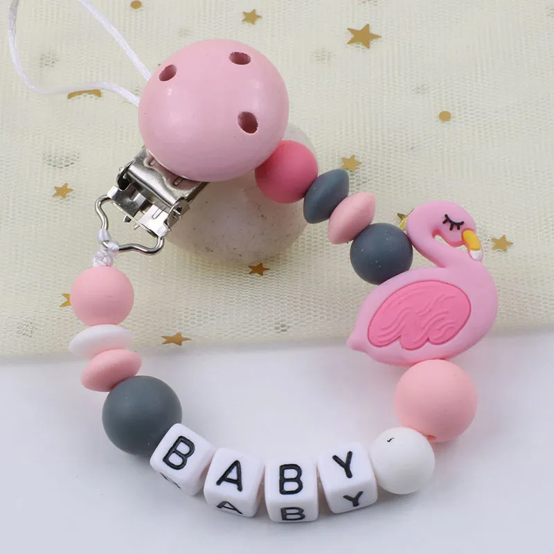 Personalized Name Pacifier Clips Chain Handmade Silicone Pacifier Chains Flamingo Silicone Beads Anti-drop Holder