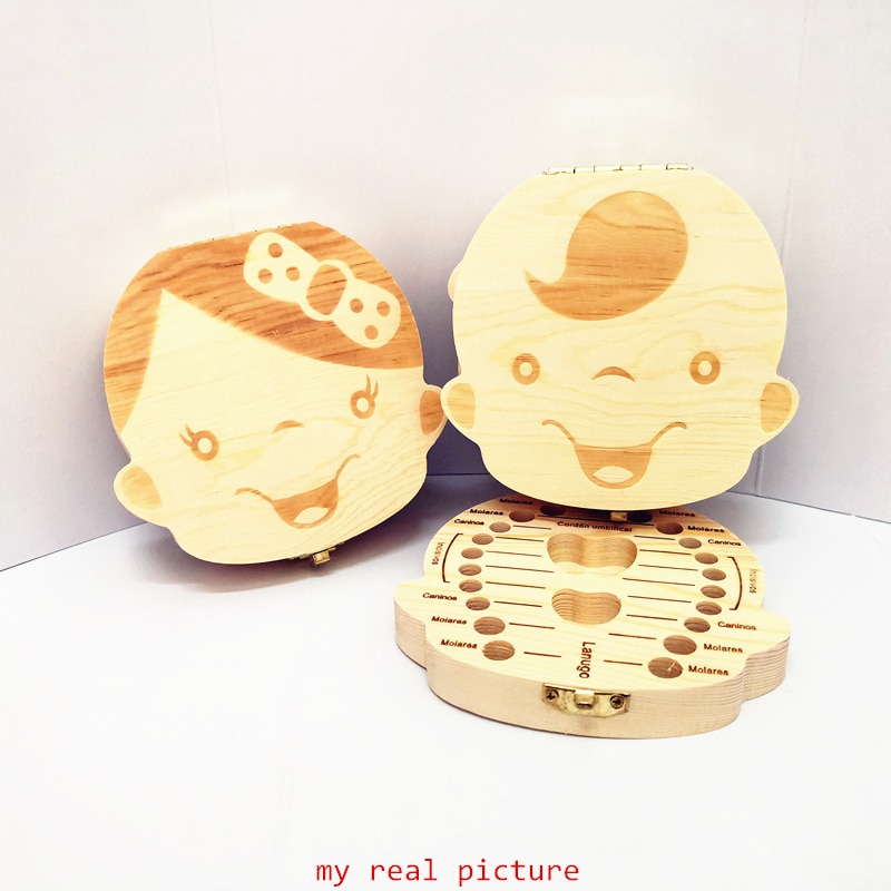 Wooden Baby Teeth Storage Box English Russian Spanish French Italian Kids Teeth Umbilical Lanugo Organizer Gift Keepsakes Save
