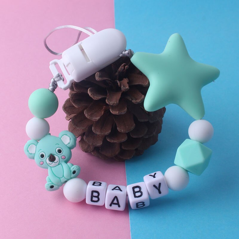 Koala Star Baby Teether Personalized Name Handmade Pacifier Clips Holder Chain Silicone Pacifier Chains Baby Shower Gift